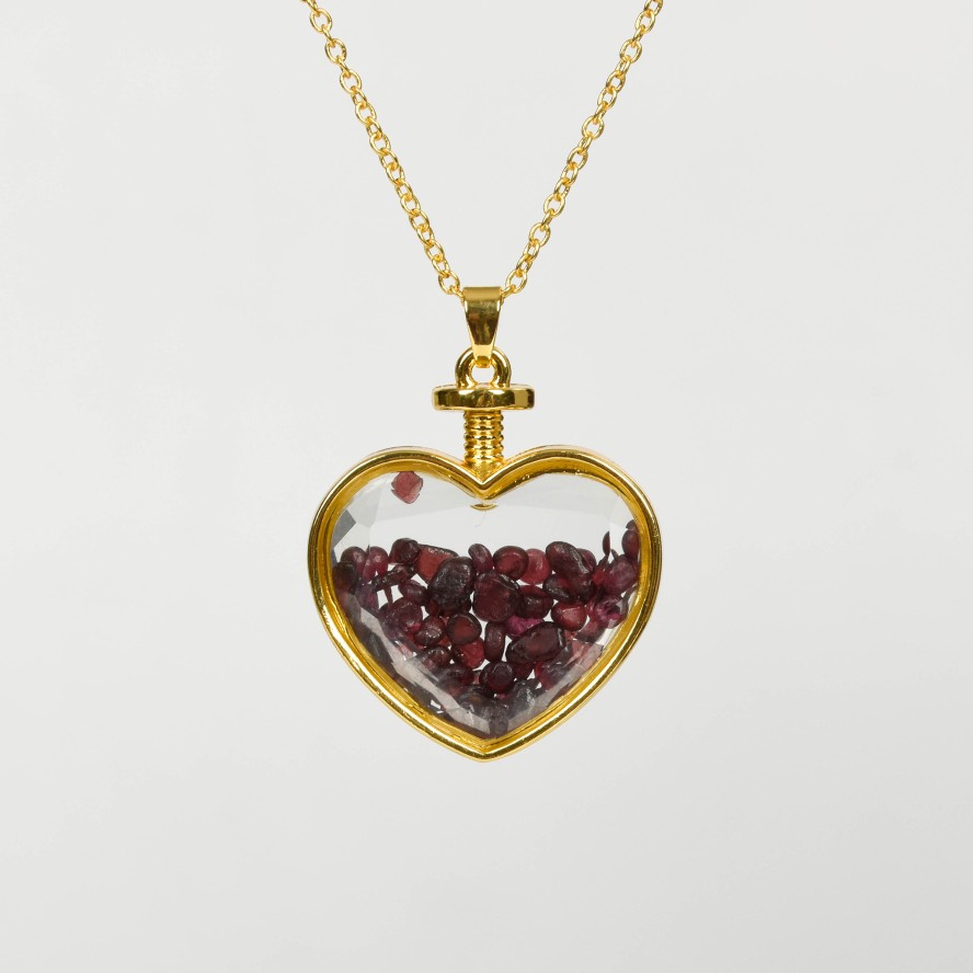 Crystal Chips In Heart Glass Pendant Necklace